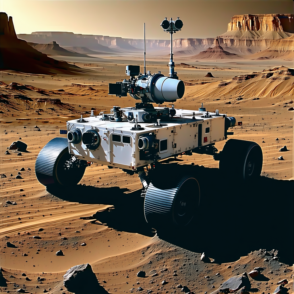 A Large White Robotic Vehicle, Possibly A Rover, Parked On A Rocky Terrain