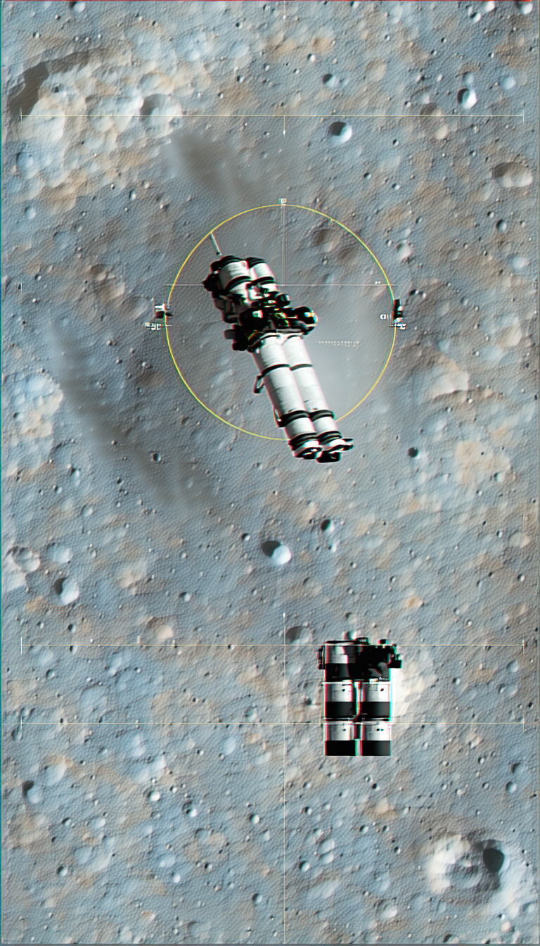 A Spacecraft Flying Through The Air, With A Large Rocket Ship In The Foreground