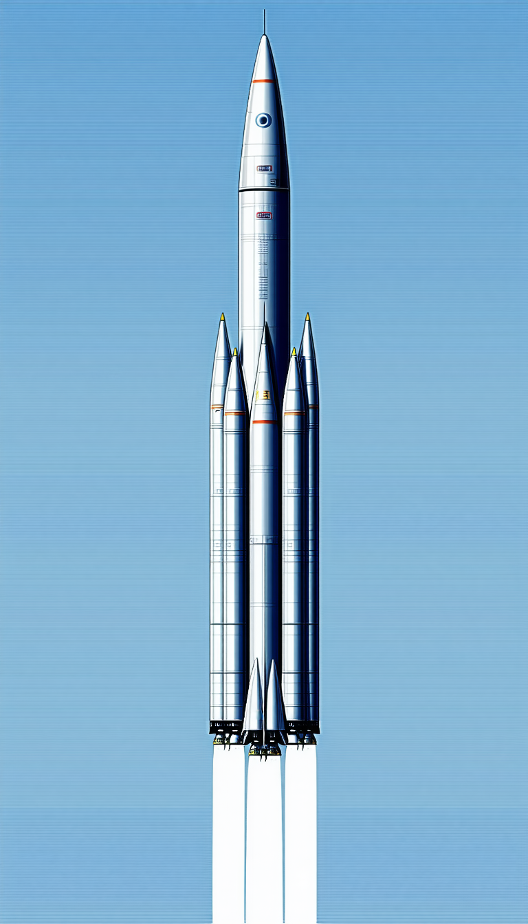 A Large Rocket Is Shown In A Blue Sky, With Its Three Rockets Attached To The Side