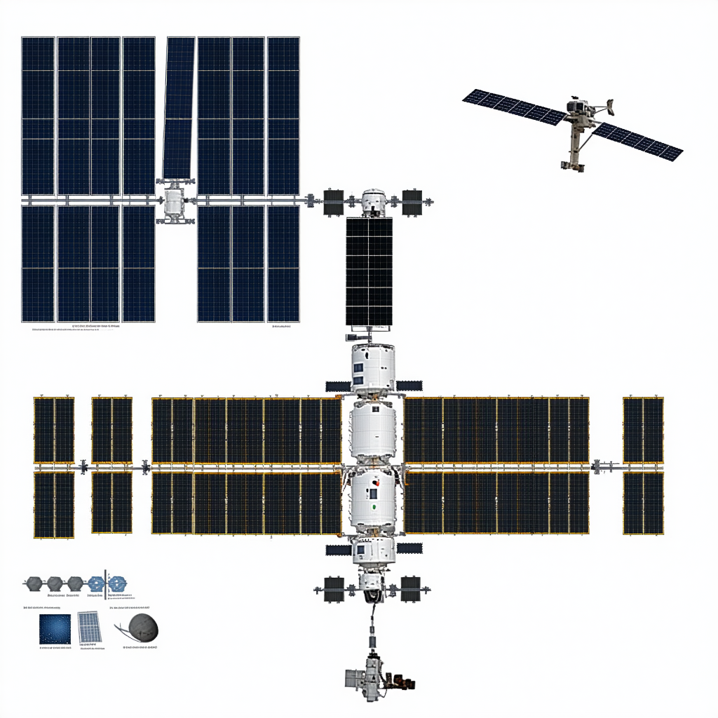The Image Is A Detailed Illustration Of A Space Station, Including A Space Shuttle And A Satellite