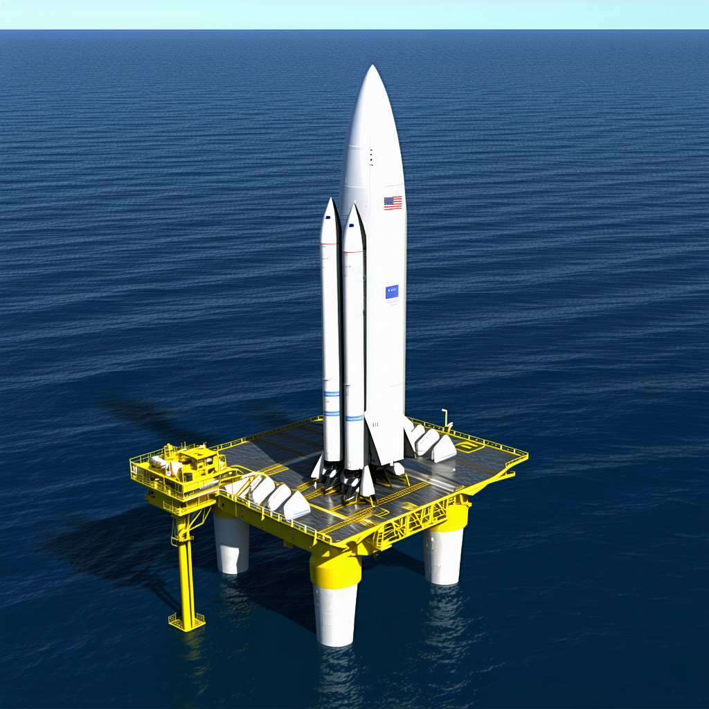 A Large White Rocket Ship Floating On Top Of A Yellow Platform In The Ocean