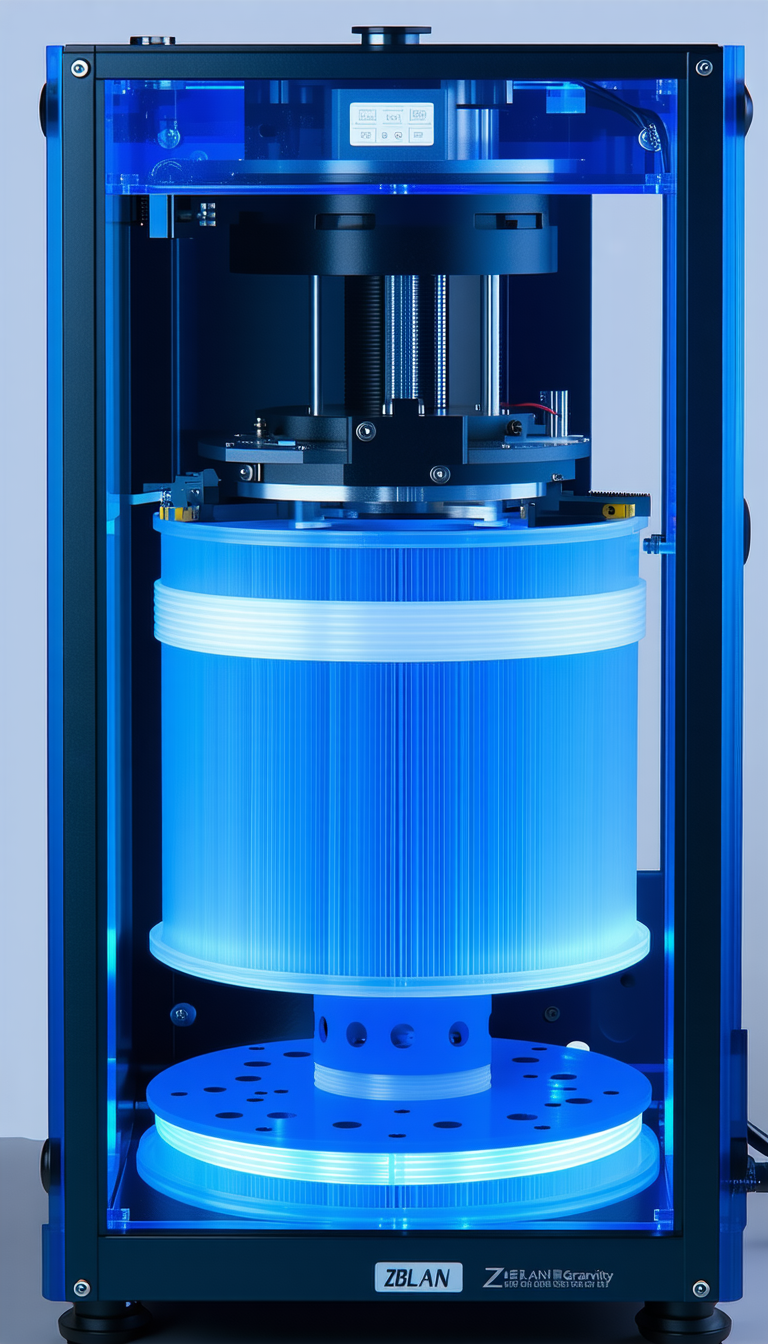 A Large Blue Cylinder, Possibly A Vase Or A Container, With A Blue Light Shining Through It
