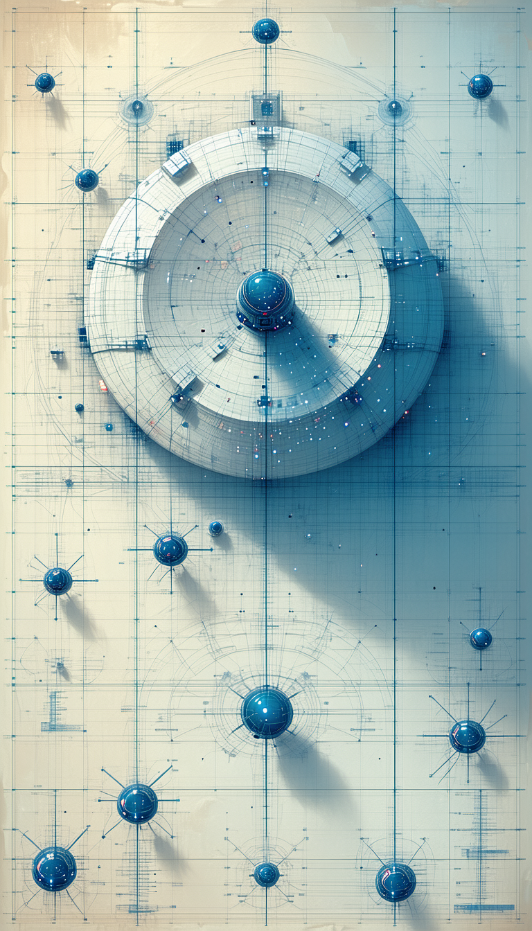 A Blue And White Drawing Of A Space Station Is Displayed
