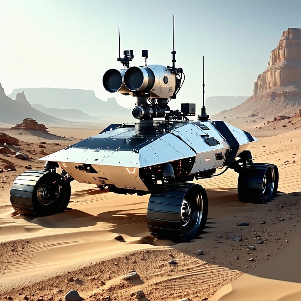 A Futuristic Robotic Vehicle Is Parked In A Desert-like Environment