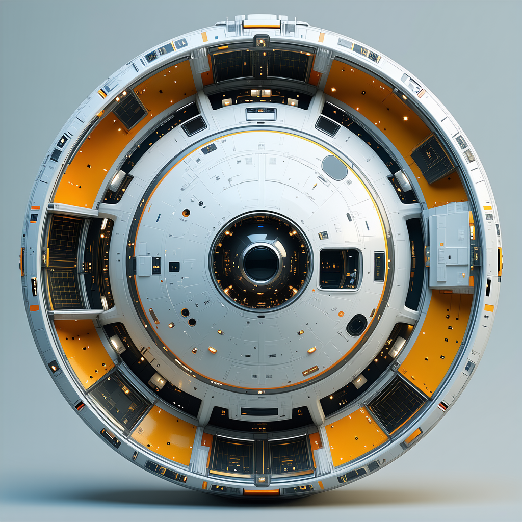 A Large, Round, White And Orange Spacecraft With A Central Black Circle