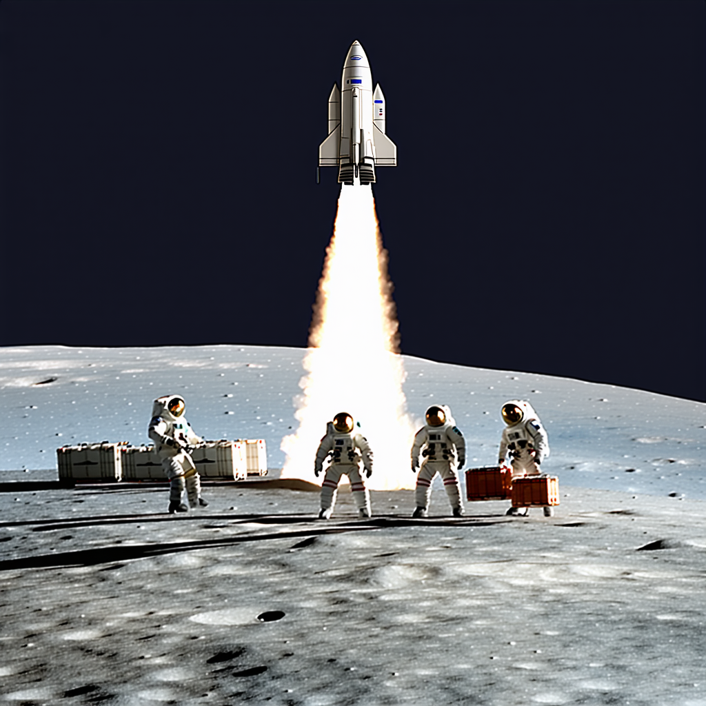In The Image, A Group Of Four Astronauts Is Standing On The Moon, With A Rocket In The Background