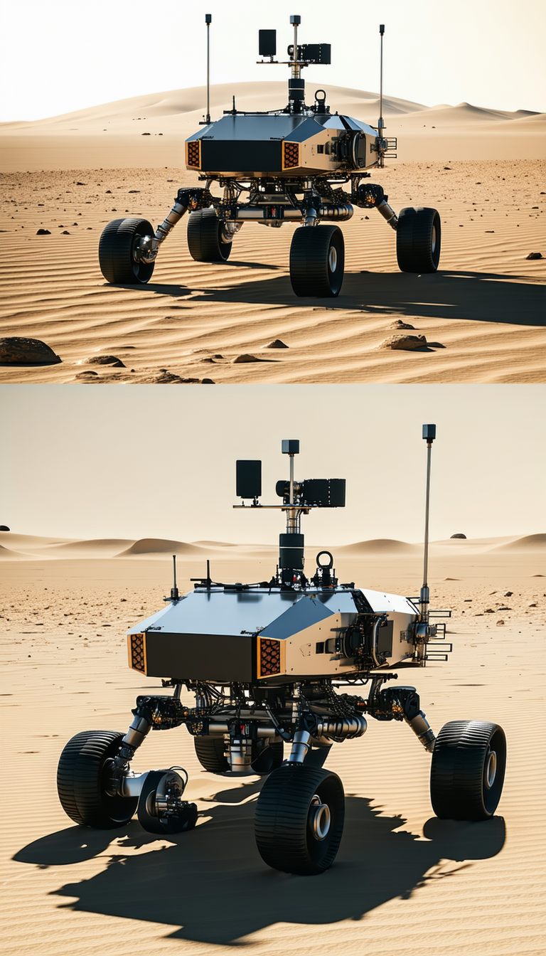 A Large Robotic Vehicle With A Satellite Dish On Top, Driving Across A Sandy Terrain