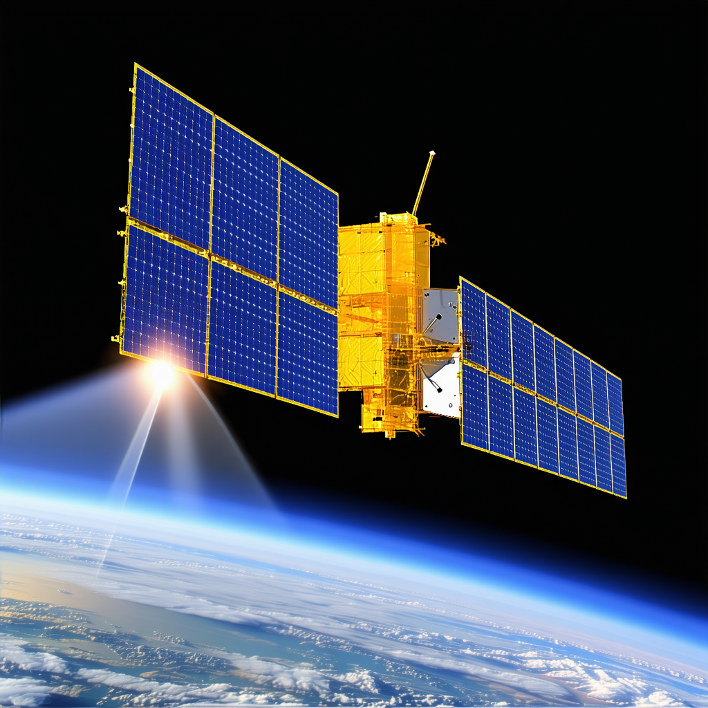 A Spacecraft With A Blue And Yellow Color Scheme, Flying Through The Sky
