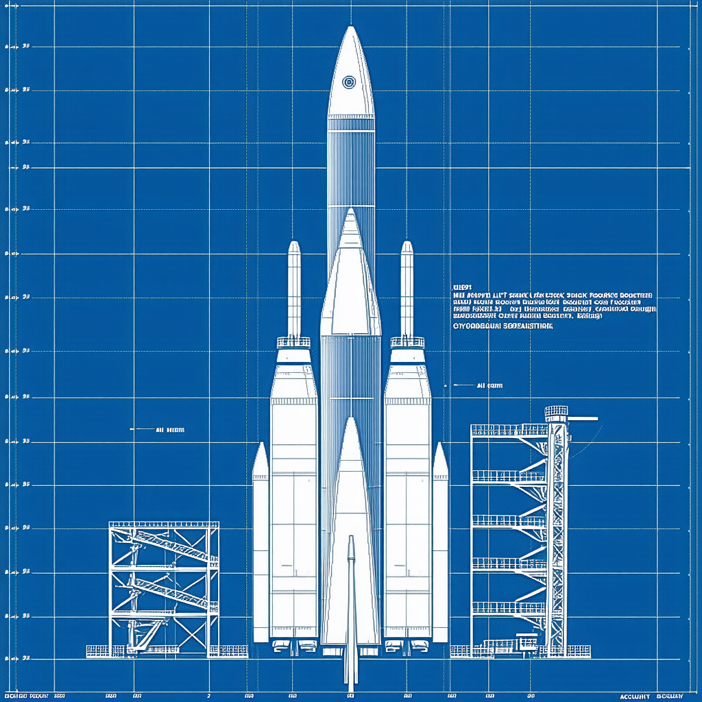 A Large Rocket Is Shown In A Blue Drawing, With A Smaller Rocket Next To It