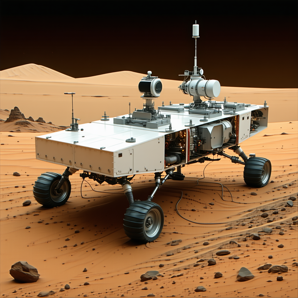 A Futuristic Vehicle, Possibly A Rover Or A Spacecraft, Parked On A Rocky Surface