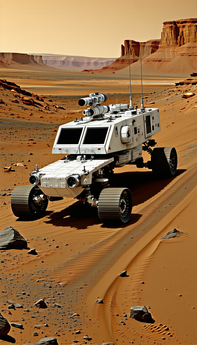 A White Robotic Vehicle, Possibly A Rover, Driving Across A Sandy Terrain