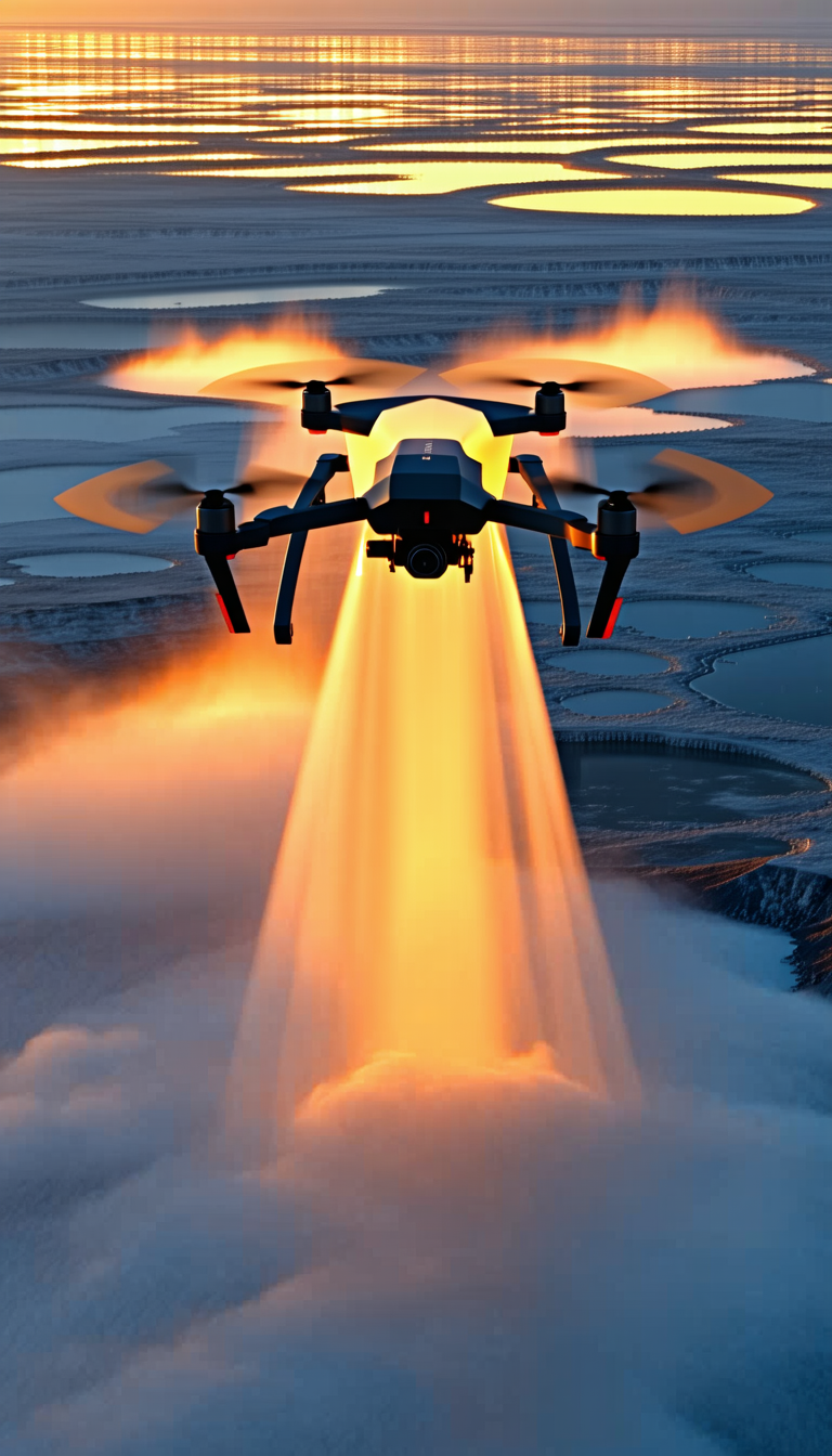 A Large Drone Is Flying Over A Mountain, With Its Powerful Lights Illuminating The Area Below