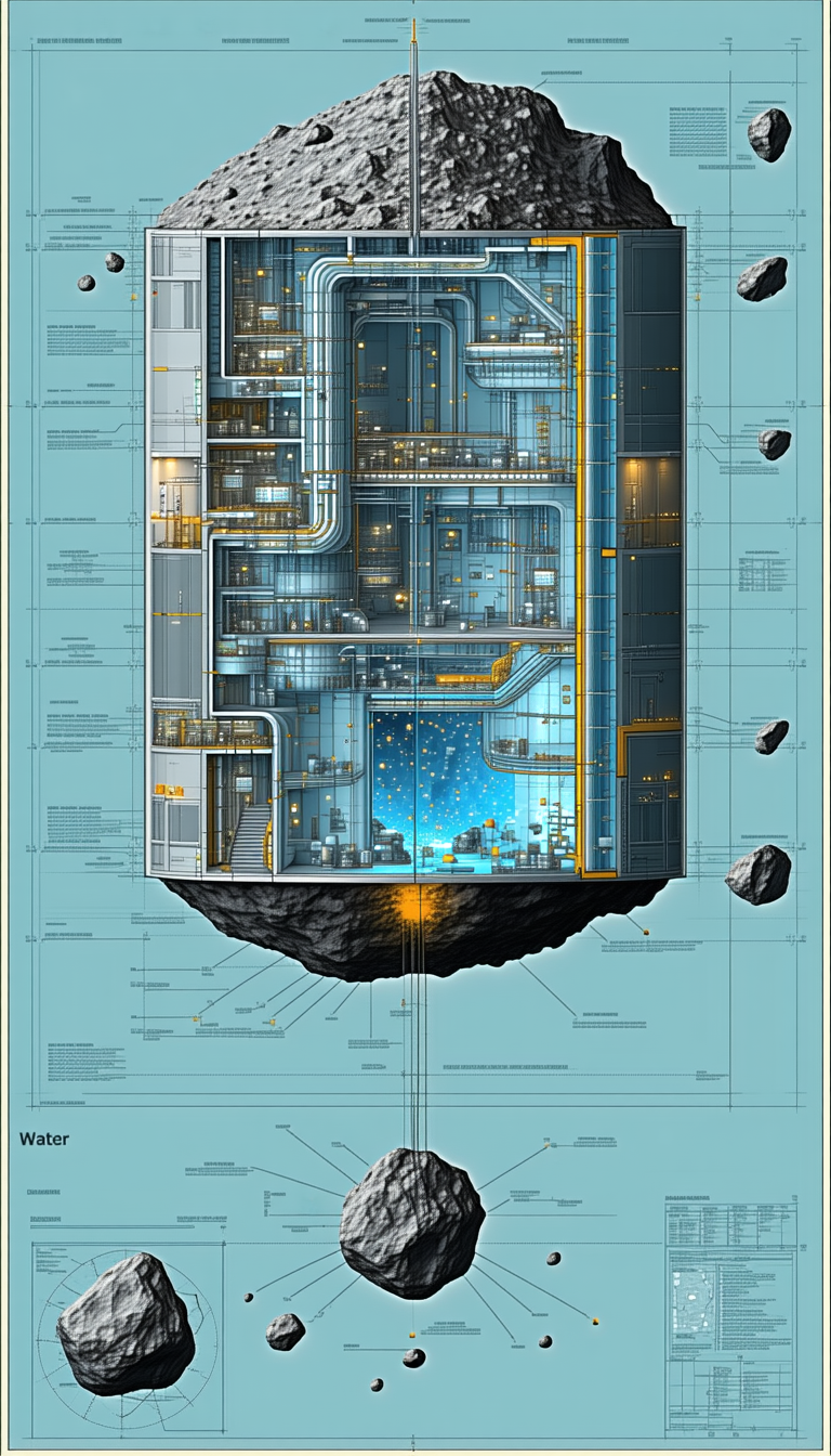 A Large, Futuristic Building Is Shown In A Blue And White Drawing