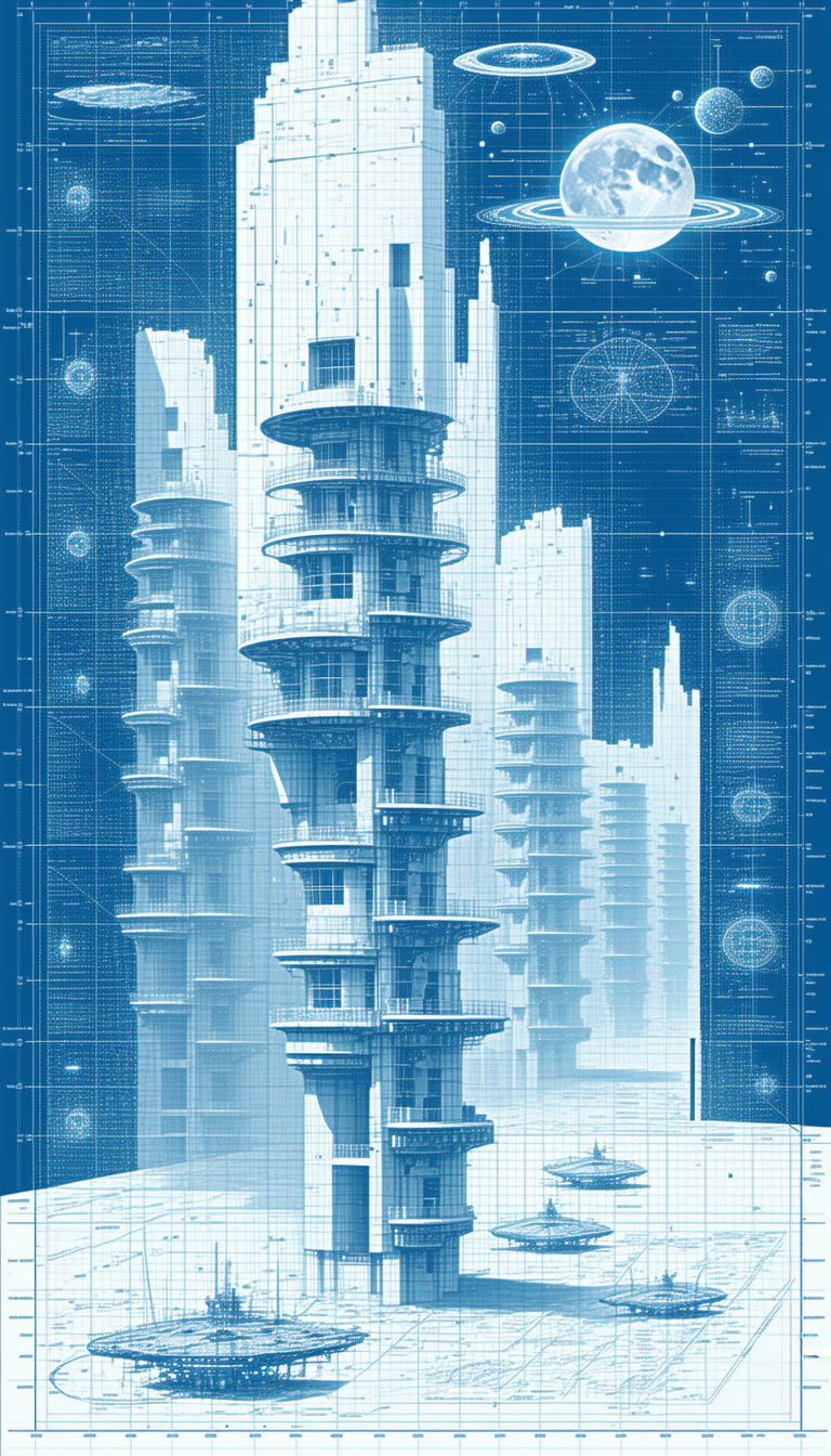 A Blue And White Drawing Of A Tall Building With Many Levels Is Displayed