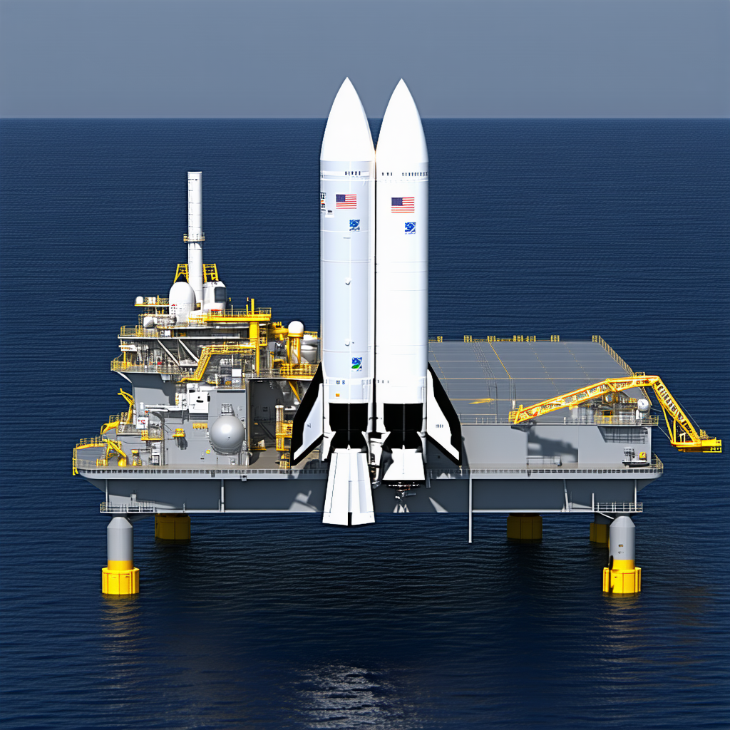 A Large White Space Shuttle Docked On A Floating Platform In The Ocean
