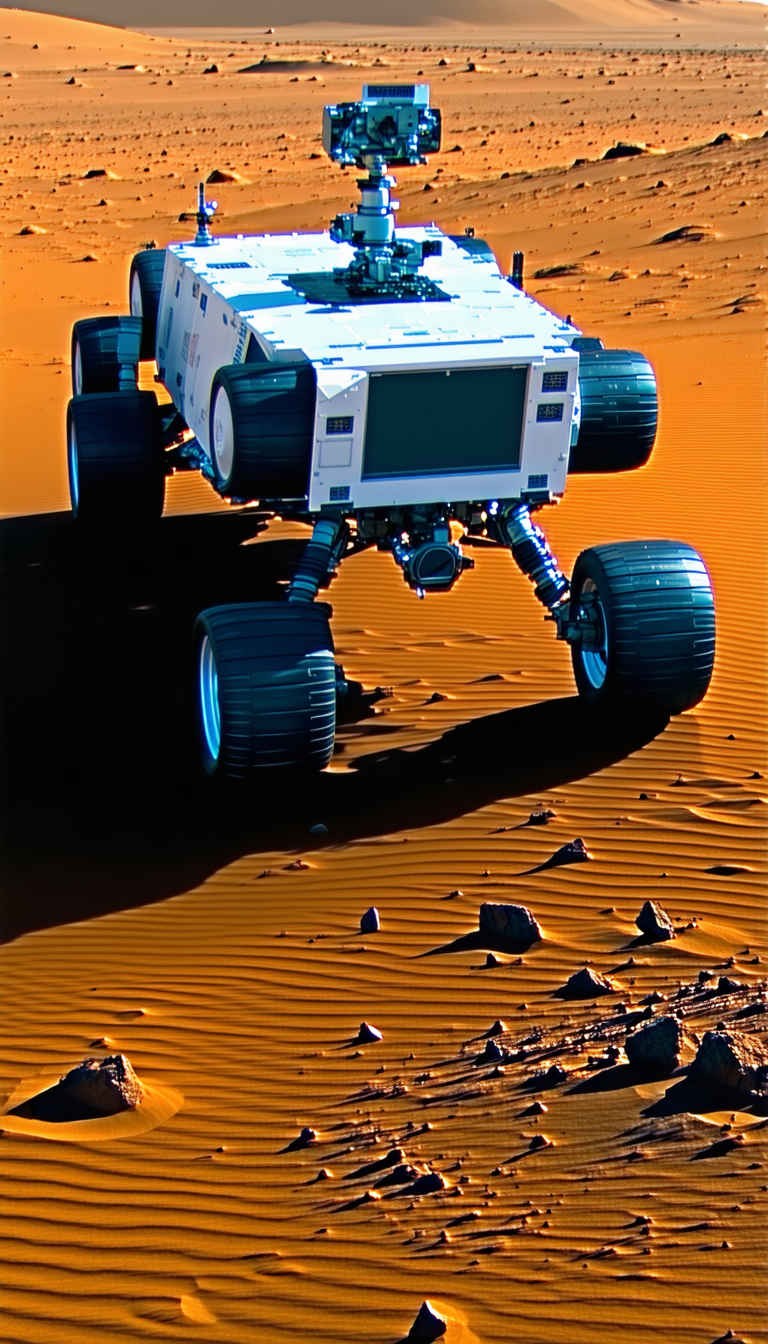 A White Robotic Vehicle Is Driving On A Dirt Road