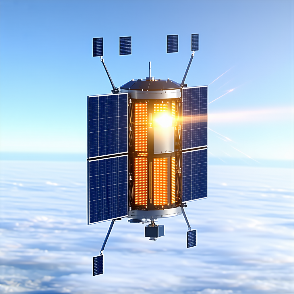 A Small Satellite Is Flying Through The Sky, With A Bright Light Shining From It