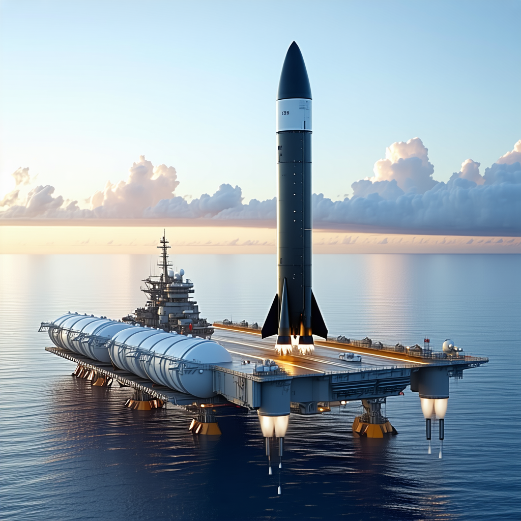 A Large Rocket Ship Docked On A Floating Platform In The Ocean