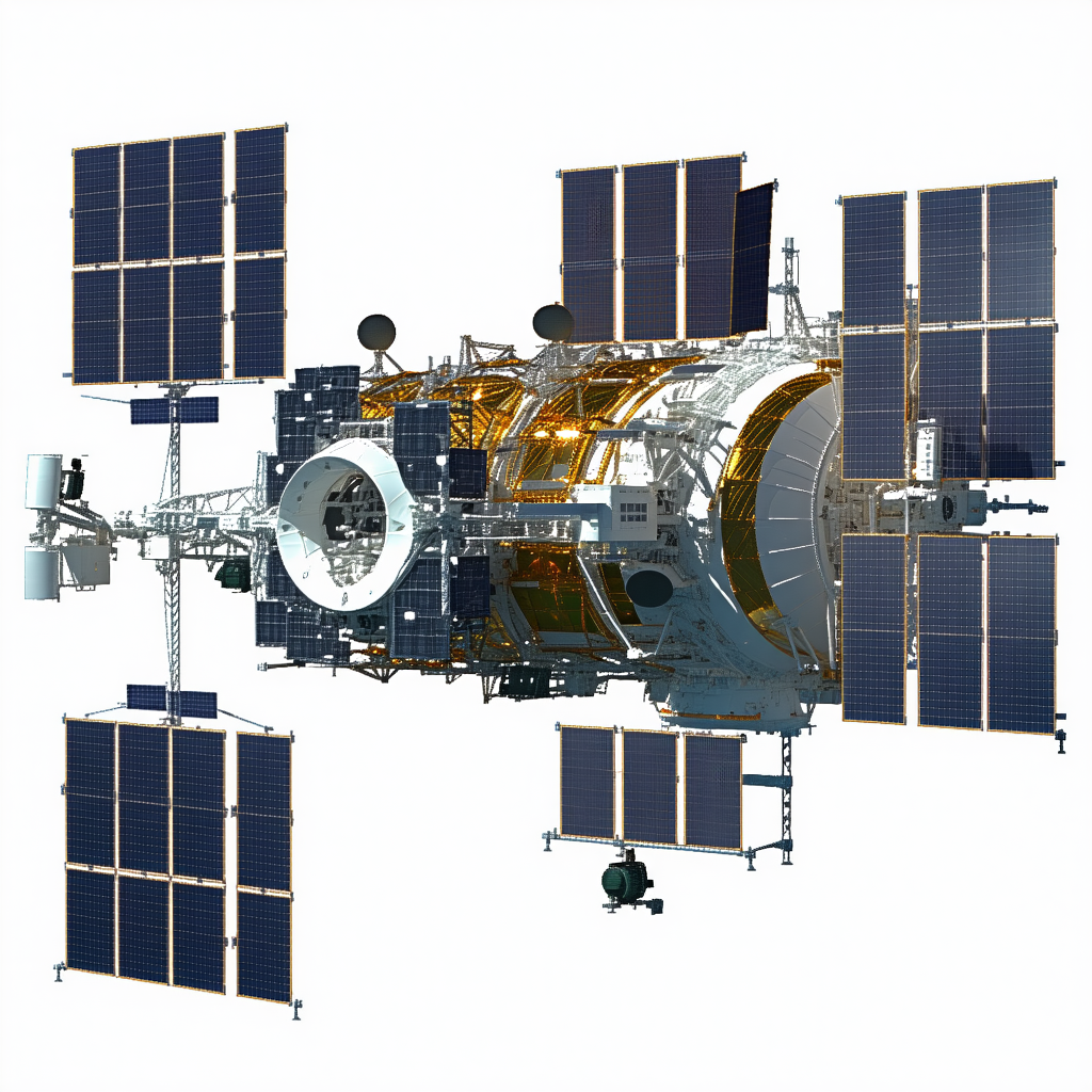 The Image Is A 3d Model Of A Space Station, Which Appears To Be A Large