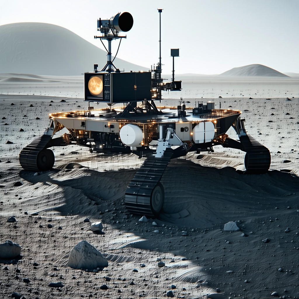 A Robotic Vehicle Is Sitting On A Rocky Surface, Possibly On The Moon