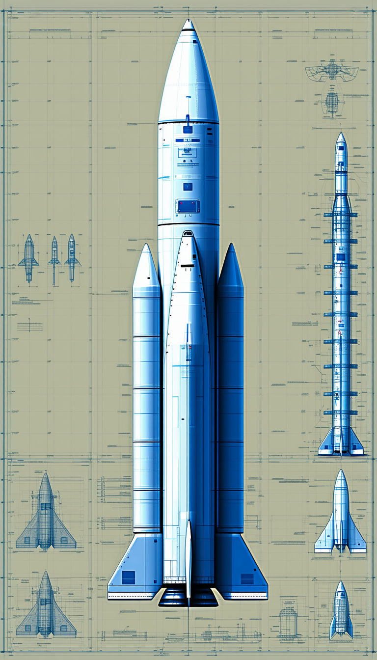 A Blue Rocket Ship Is Shown In A Drawing, With A Smaller Rocket Ship Next To It