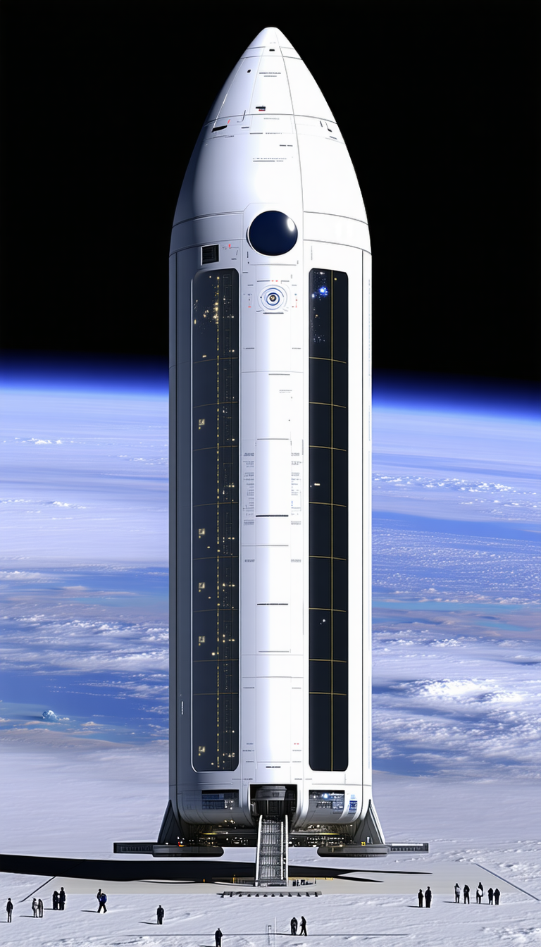 A Large White Space Shuttle, Which Appears To Be A Rocket, Sitting On Top Of A Launch Pad