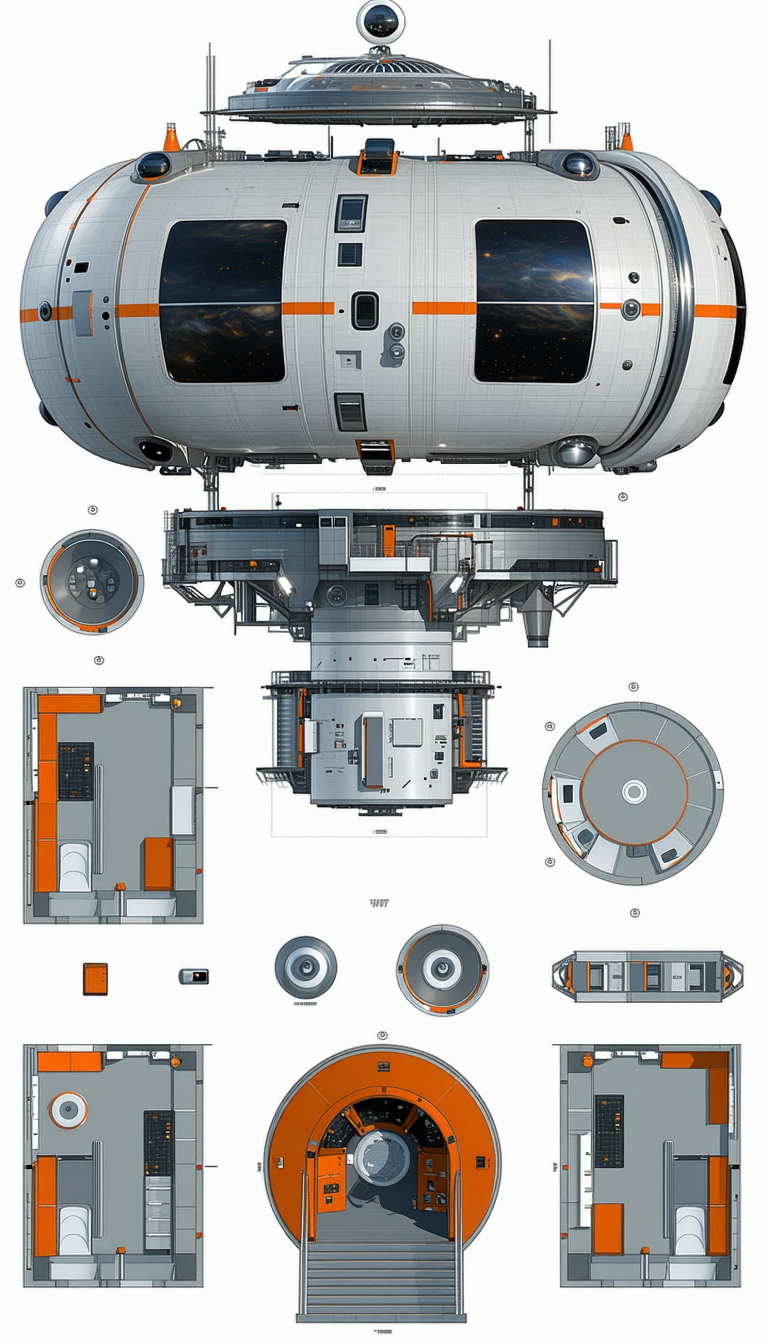 A Space Ship Is Shown In A Series Of Diagrams, With Each Part Labeled