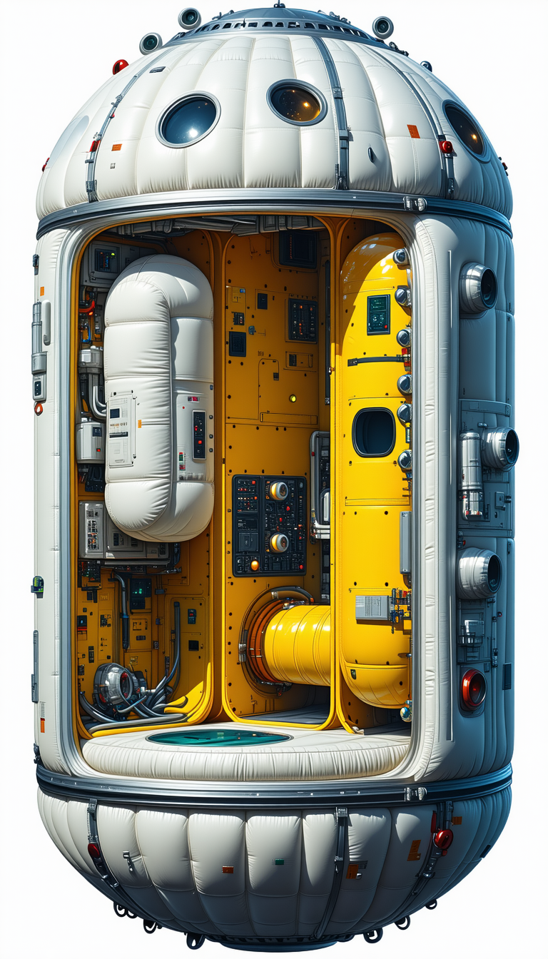 In The Image, There Is A Large, Yellow, And White Spacecraft With A Hollowed-out Interior