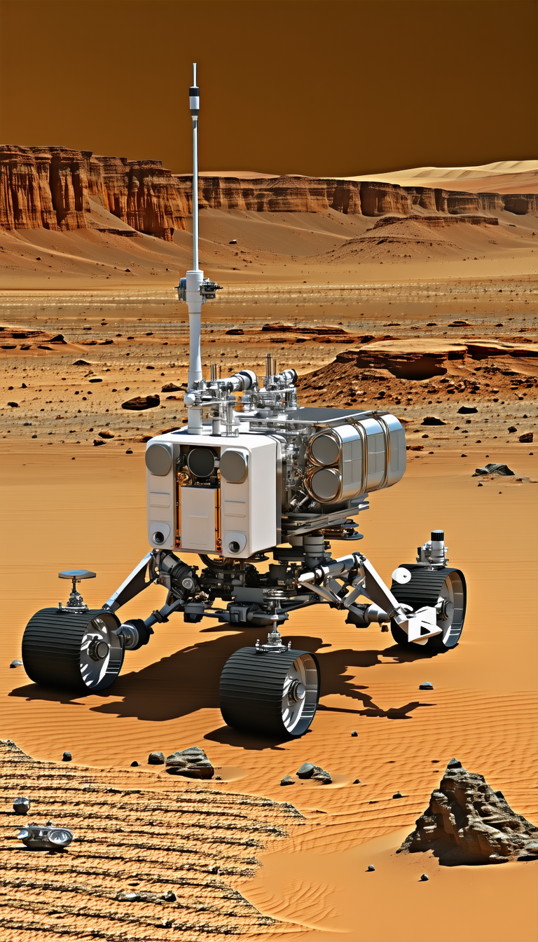 A White Robotic Vehicle With A Large Antenna On Top, Driving Across A Sandy Terrain