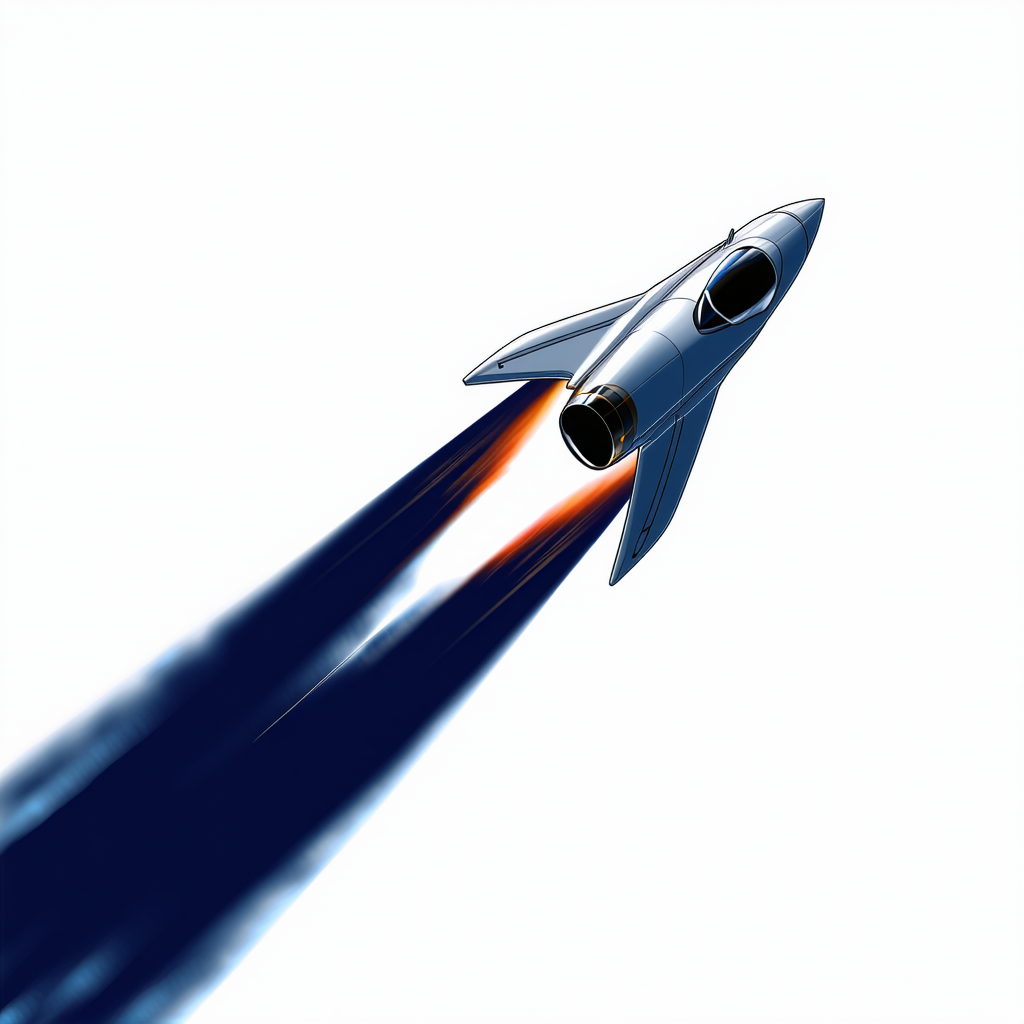 A Rocket Is Shown In A White Background, With A Blue Trail Behind It