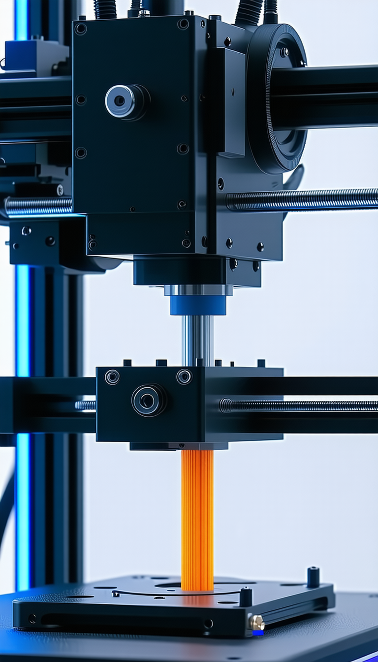 A 3d Printer In Action, With A Blue And Orange Plastic Filament Being Extruded From The Machine