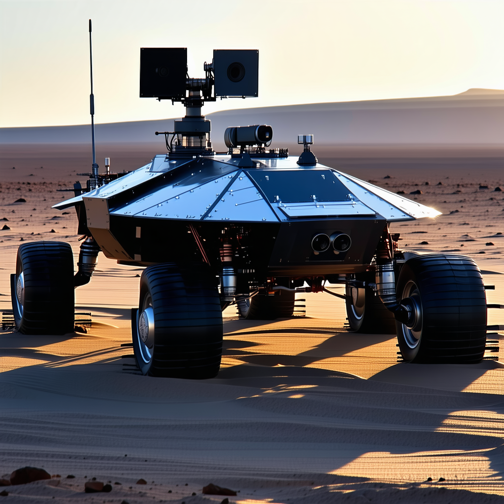 A Large Robotic Vehicle, Possibly A Rover, Sitting On A Sandy Surface