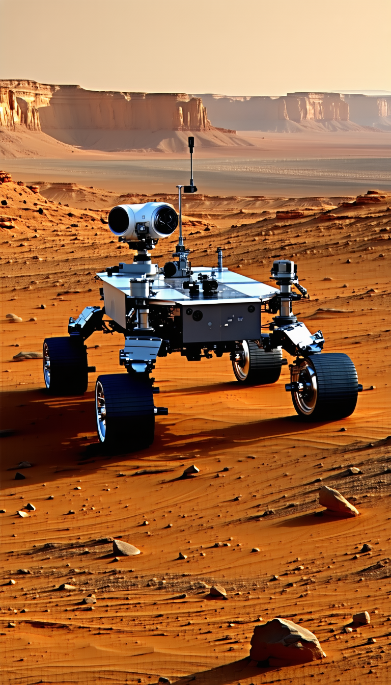 A Robotic Vehicle, Possibly A Rover, Driving Across A Sandy Terrain