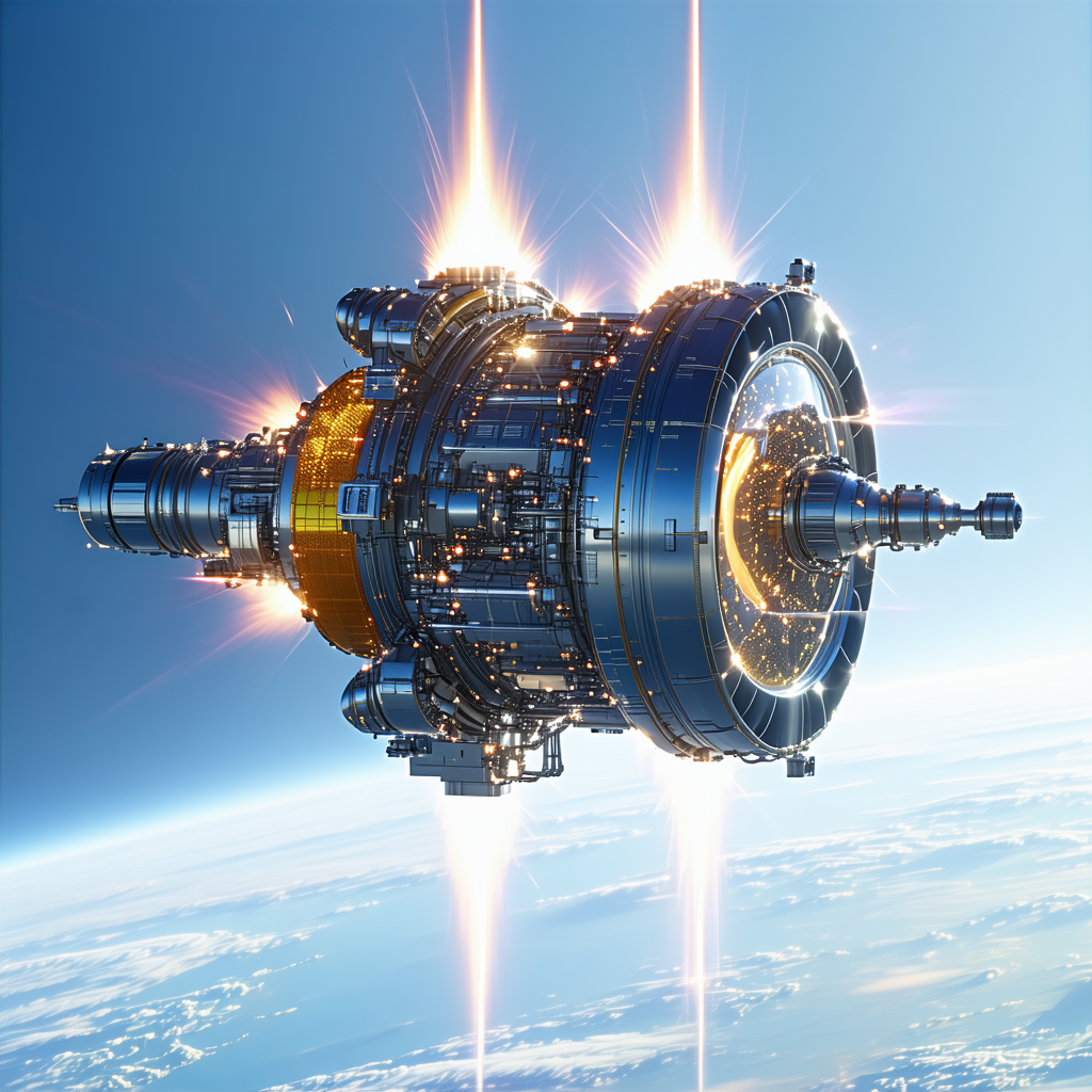 A Spacecraft Is Shown In A Close-up View, With Its Engine Lit Up