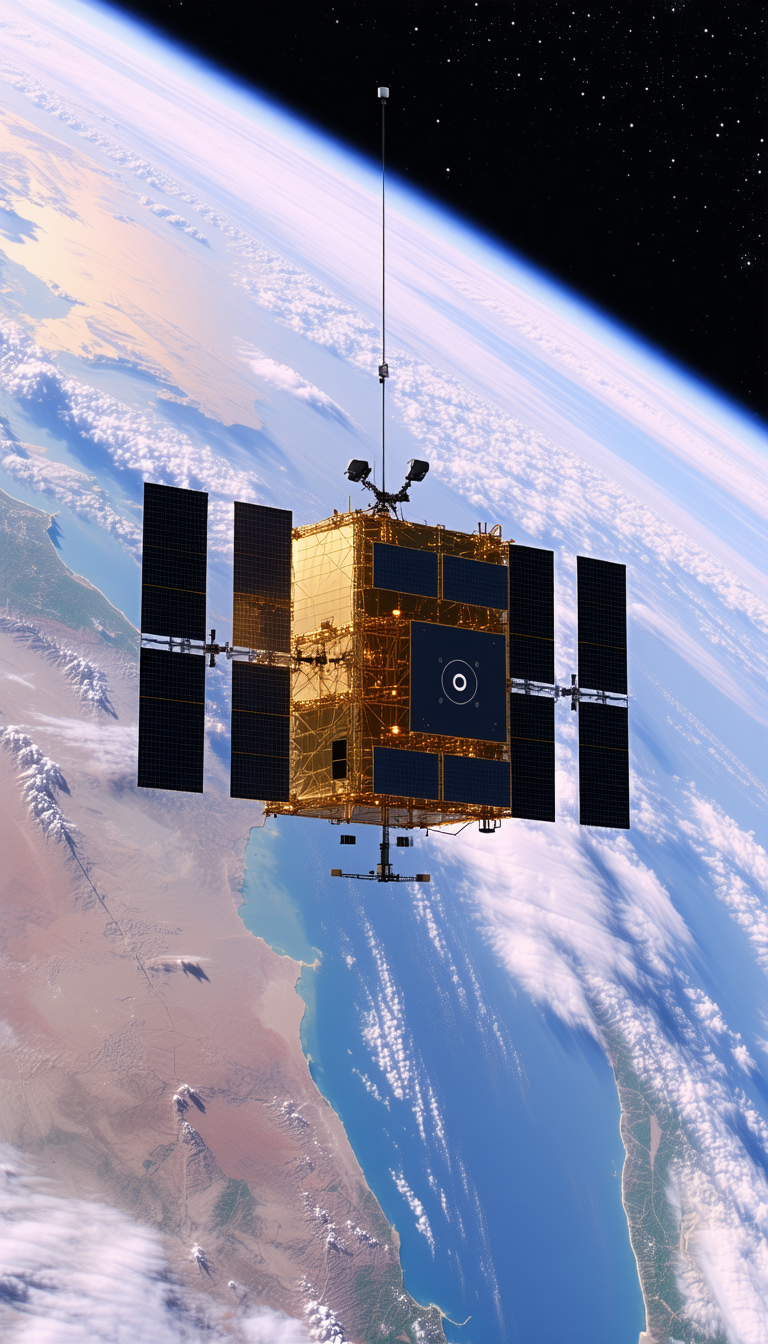 A Spacecraft Is Flying Through The Air, With A Large Satellite Dish On The Bottom