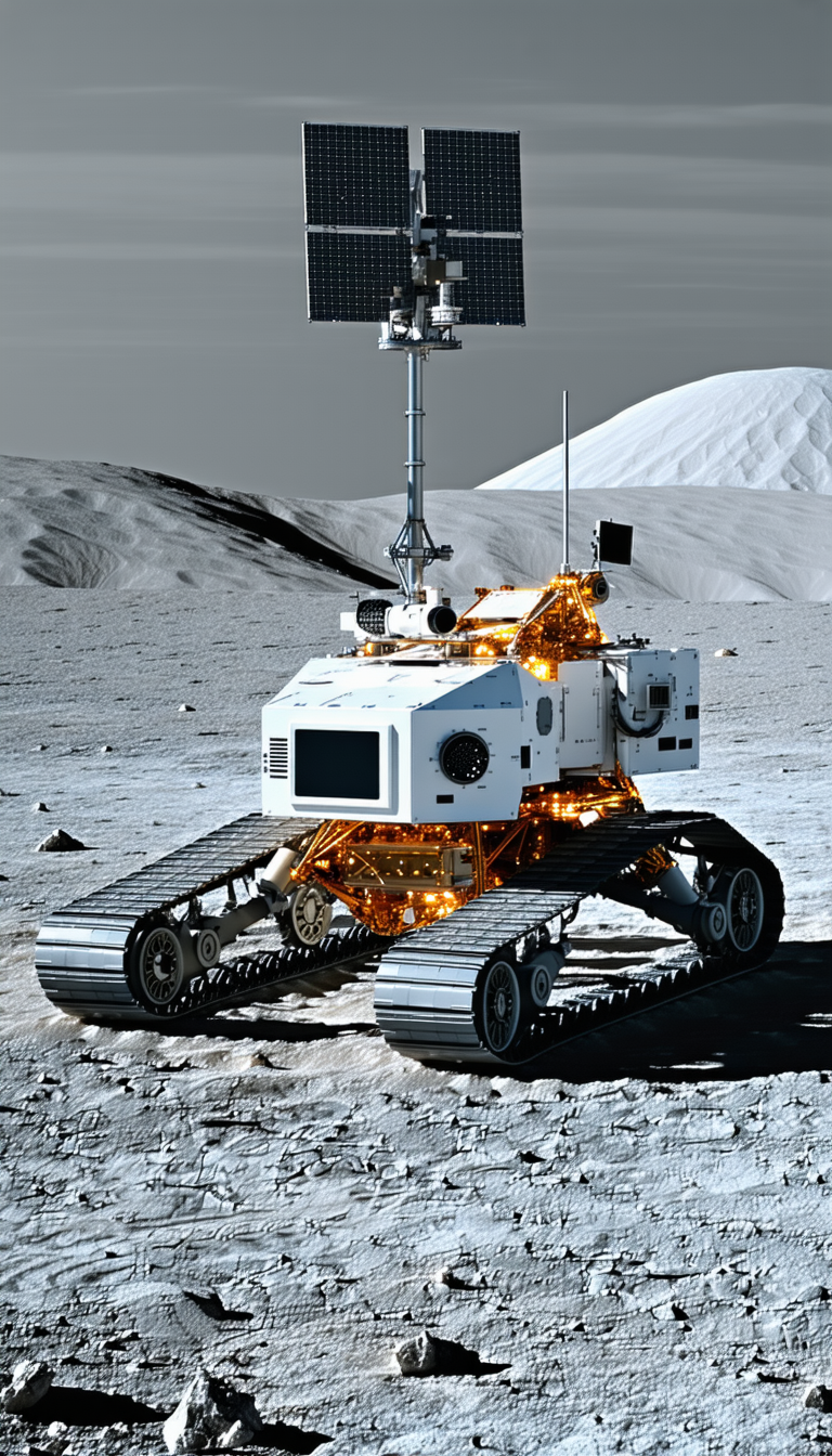 A White Rover Vehicle With A Large Satellite Dish On Top Of It, Driving Across A Rocky Terrain