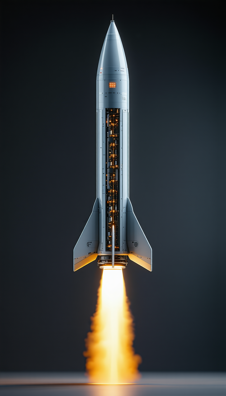 A Rocket Ship With Its Engine On, Flying Through The Sky