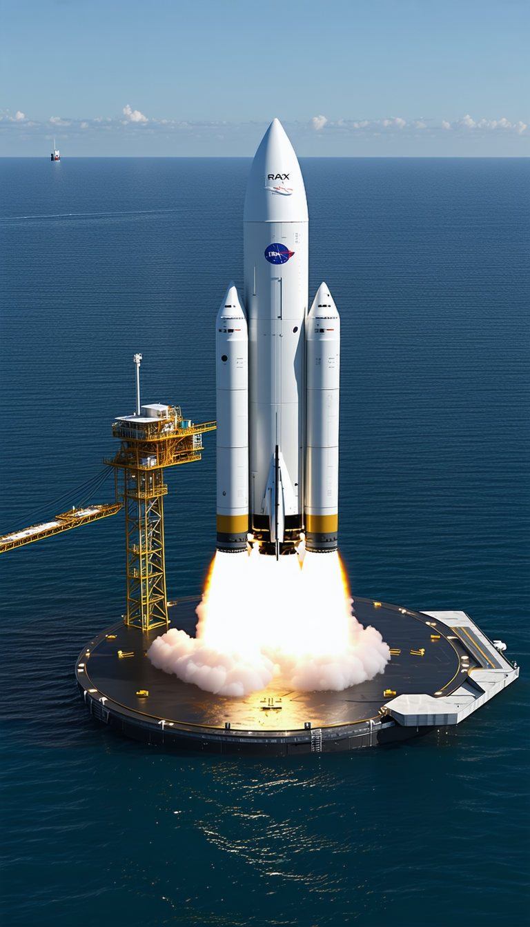 A Large White Rocket Ship, Likely A Space Shuttle, Sitting On Top Of A Platform In The Ocean