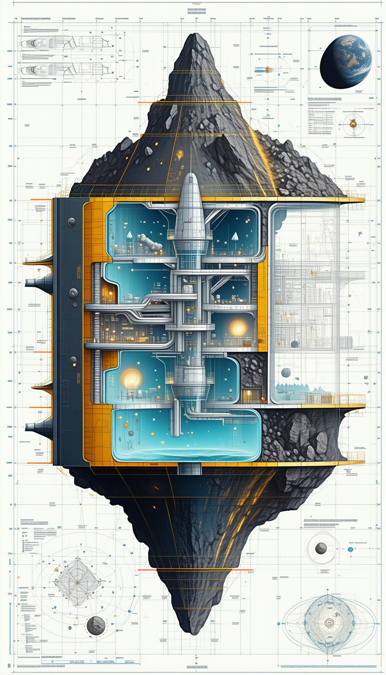 A Large, Intricate Drawing Of A Space Station Is Displayed In A Book