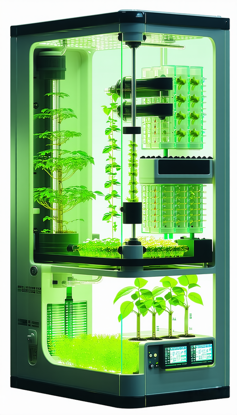 A Large, Green, Illuminated Box Filled With Various Plants