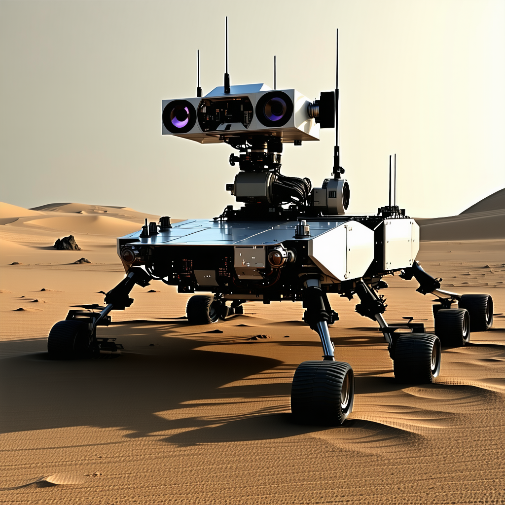 A Robotic Vehicle, Possibly A Tank Or A Rover, Sitting In A Sandy Desert Environment