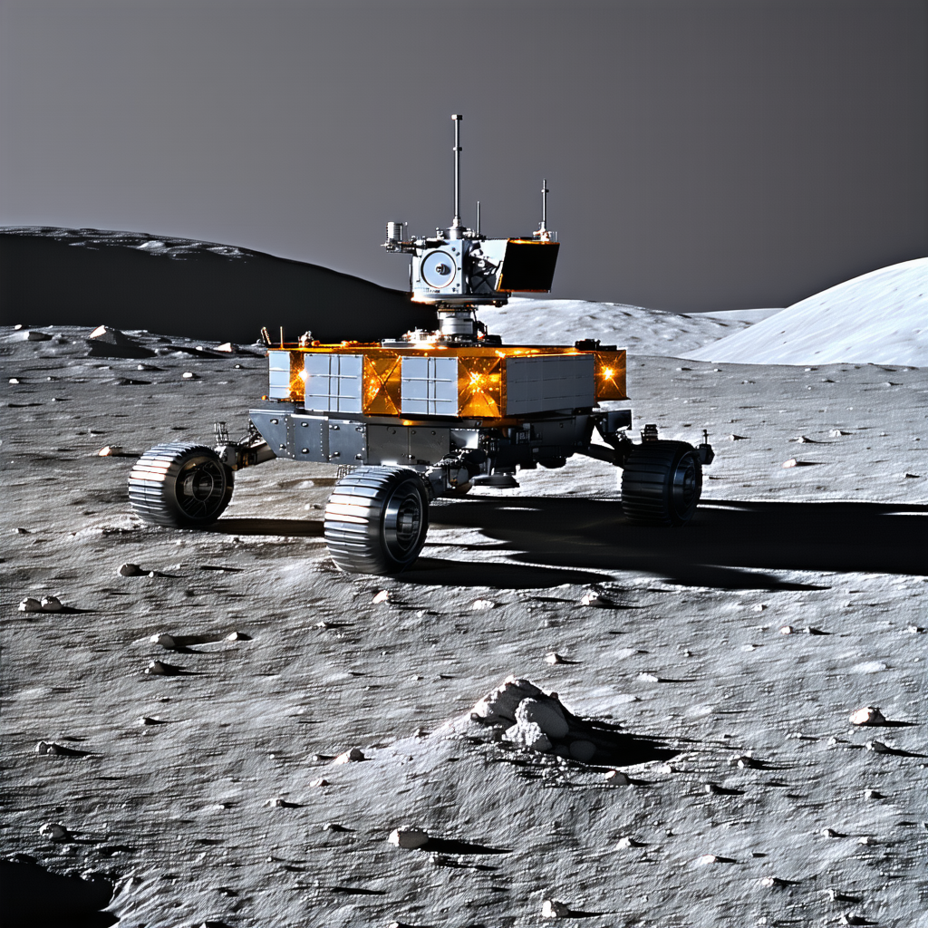 A Robotic Vehicle, Possibly A Rover, Driving Across A Rocky Terrain