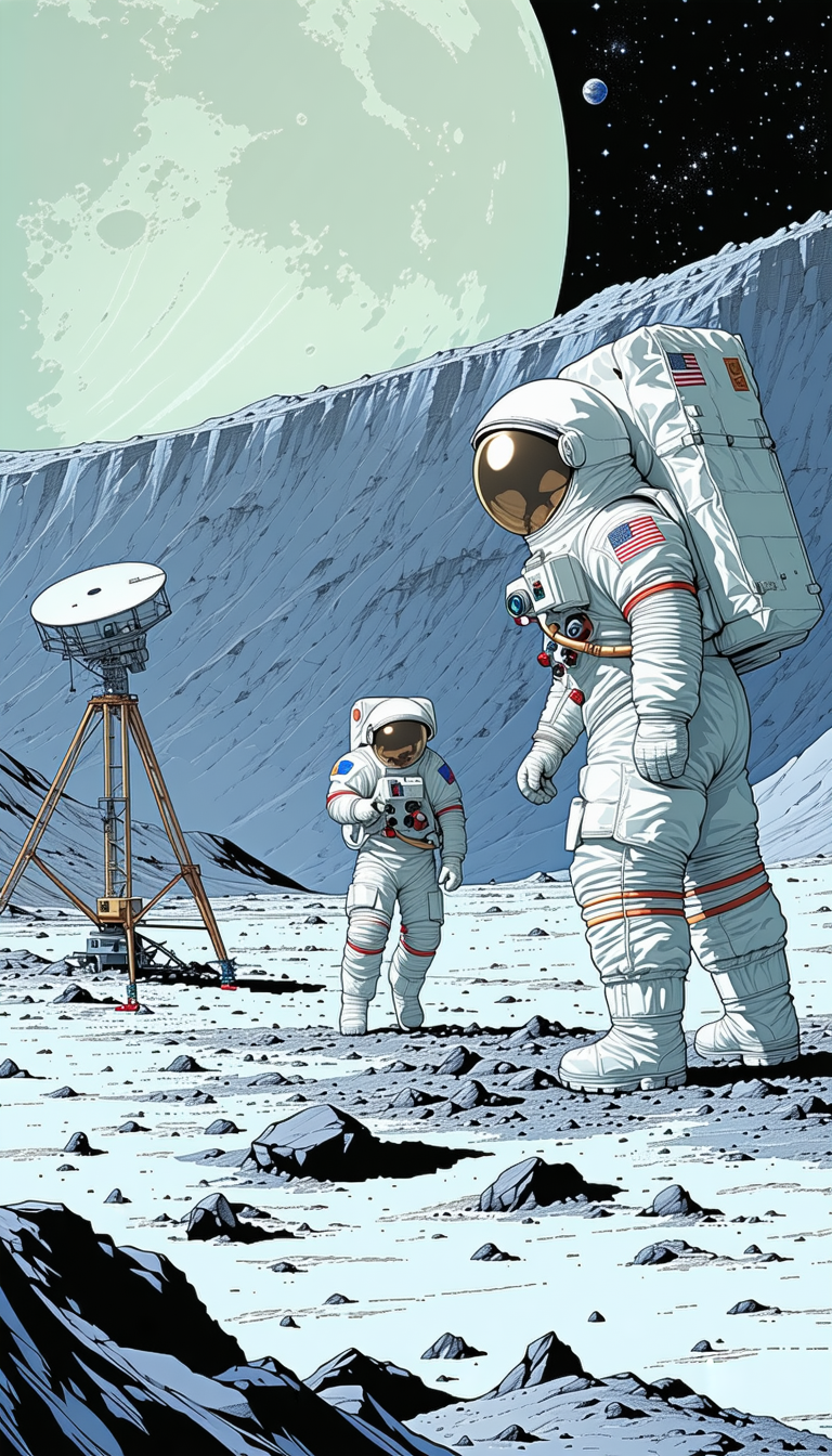 In The Image, There Are Two Astronauts Standing On The Moon, Both Wearing White Suits