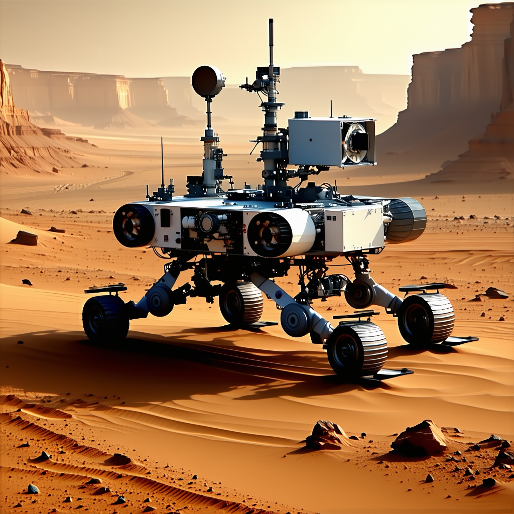 A Robotic Vehicle Is Sitting On A Dirt Surface, Possibly In A Desert