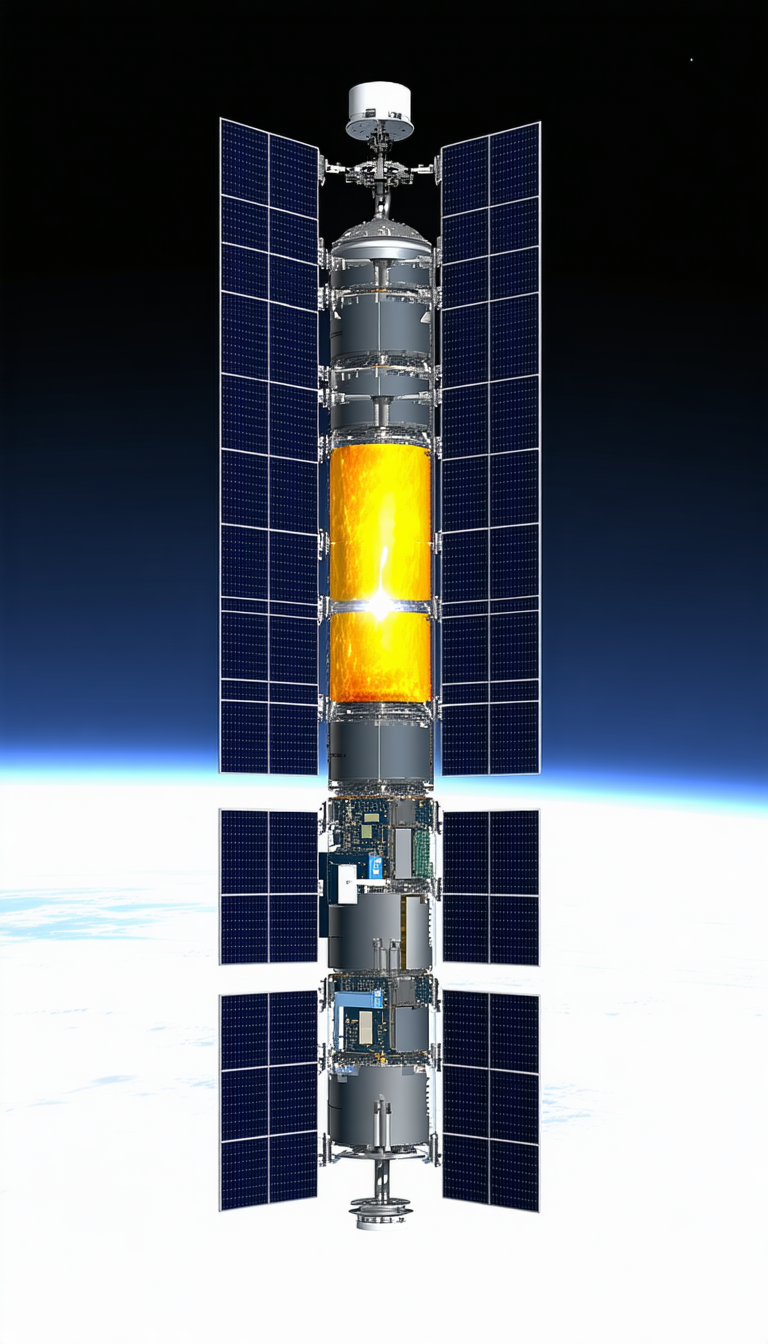 A Large Satellite With A Yellow And Orange Light On It
