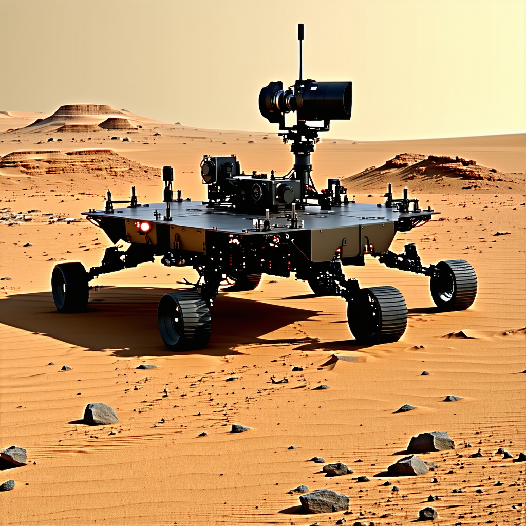 A Large Robotic Vehicle With A Camera Mounted On Top Of It