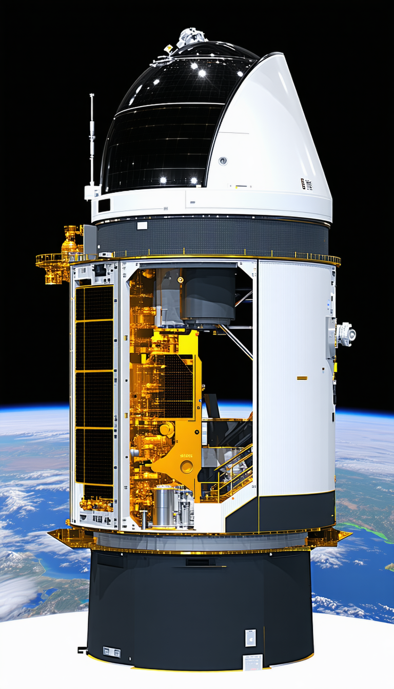 A Large Spacecraft With A Yellow And Black Color Scheme