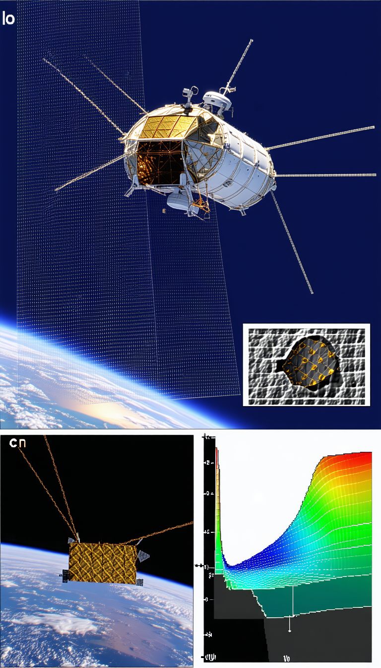 A Space Shuttle Flying Through The Sky, With A Large Satellite Visible In The Background