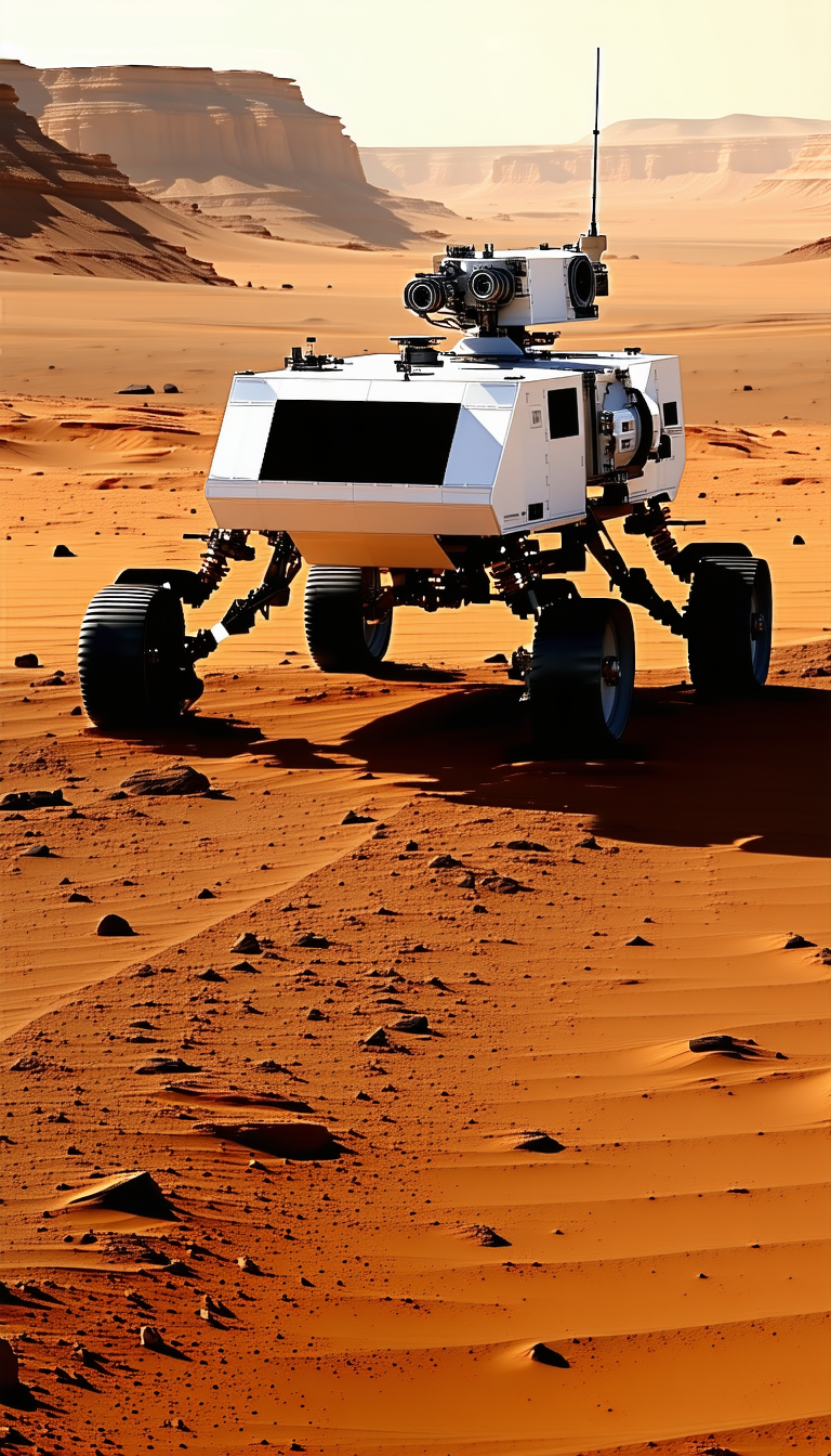 A White Robotic Vehicle, Possibly A Rover, Driving Across A Sandy Terrain