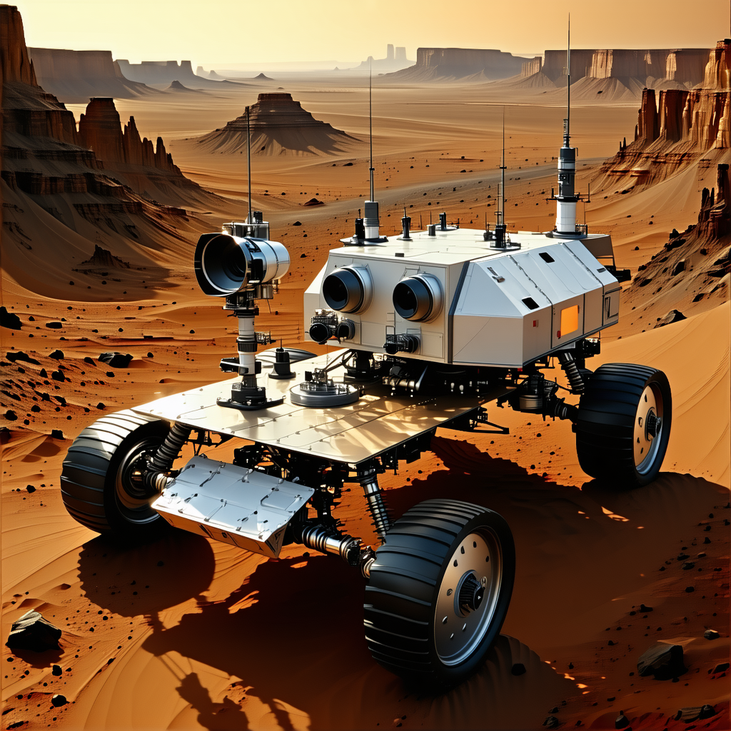 A Futuristic Robotic Vehicle, Possibly A Rover, Sitting On A Dirt Surface